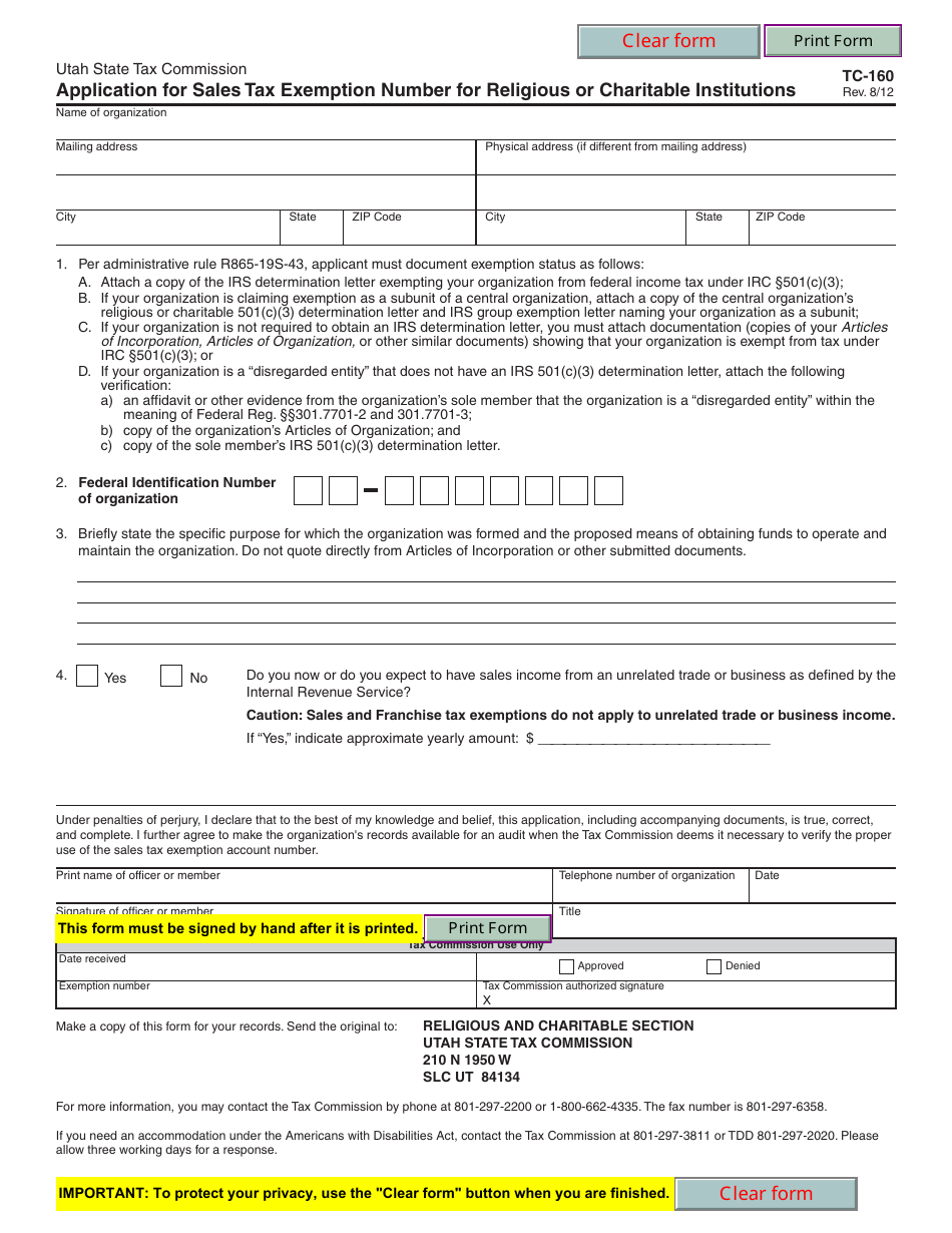 Form TC-160 Application for Sales Tax Exemption Number for Religious or Charitable Institutions - Utah, Page 1