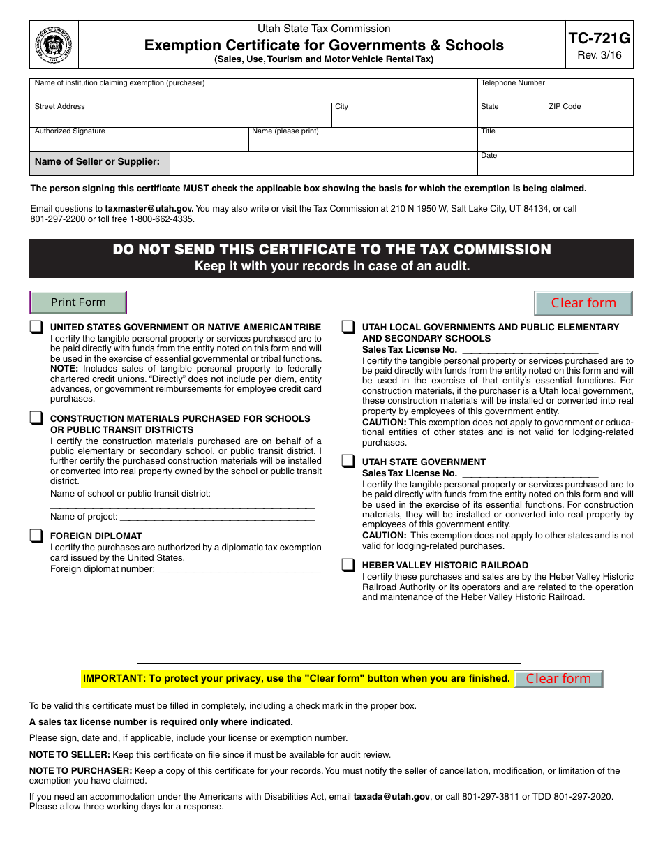 Form TC-721g Exemption Certificate Form for Government and Schools - Utah, Page 1