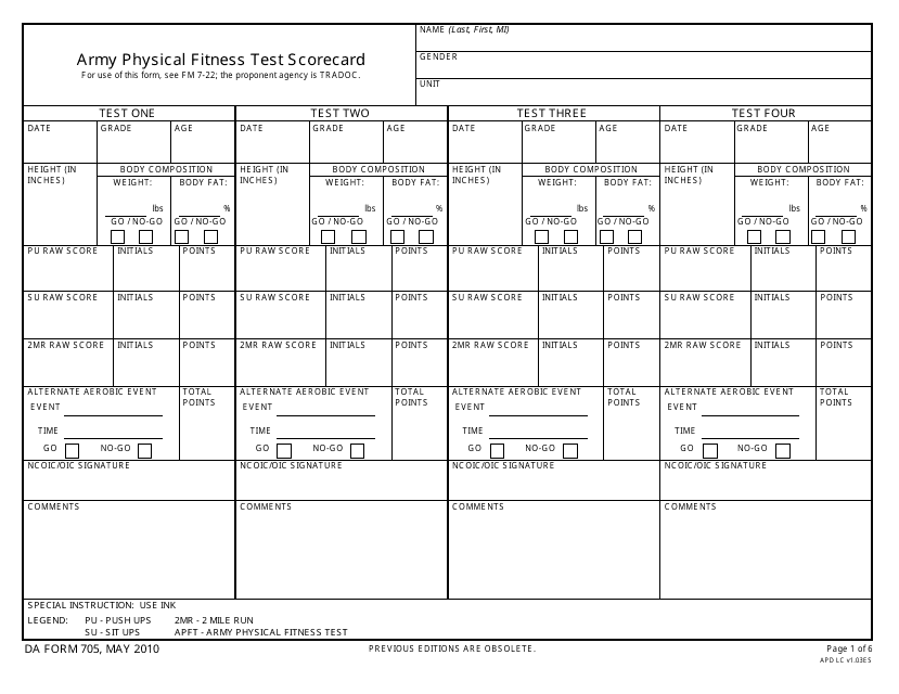 1999 Da Form 705 Army Physical Fitness Test Scorecard Printable Pdf