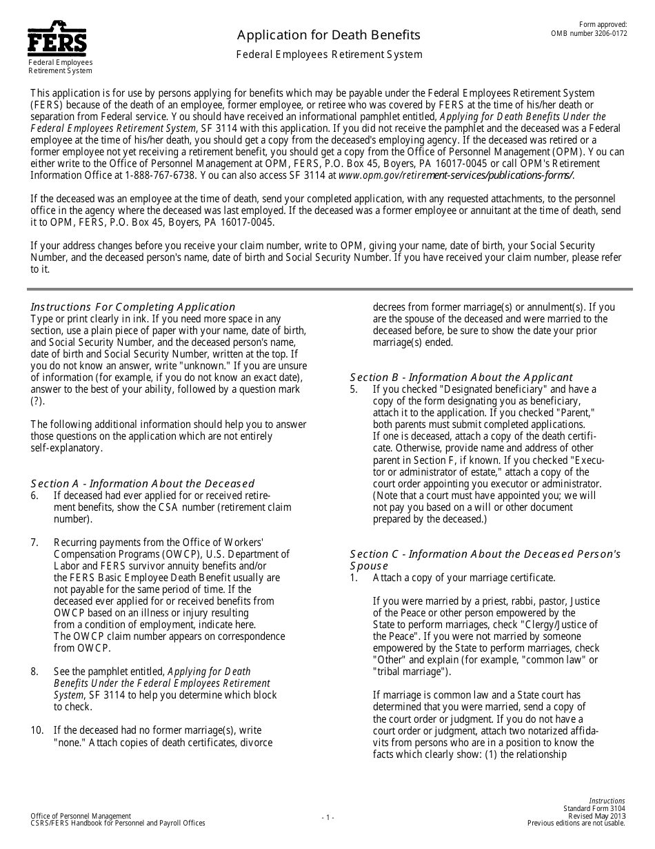 Form SF-3104 Application for Death Benefits, Page 1