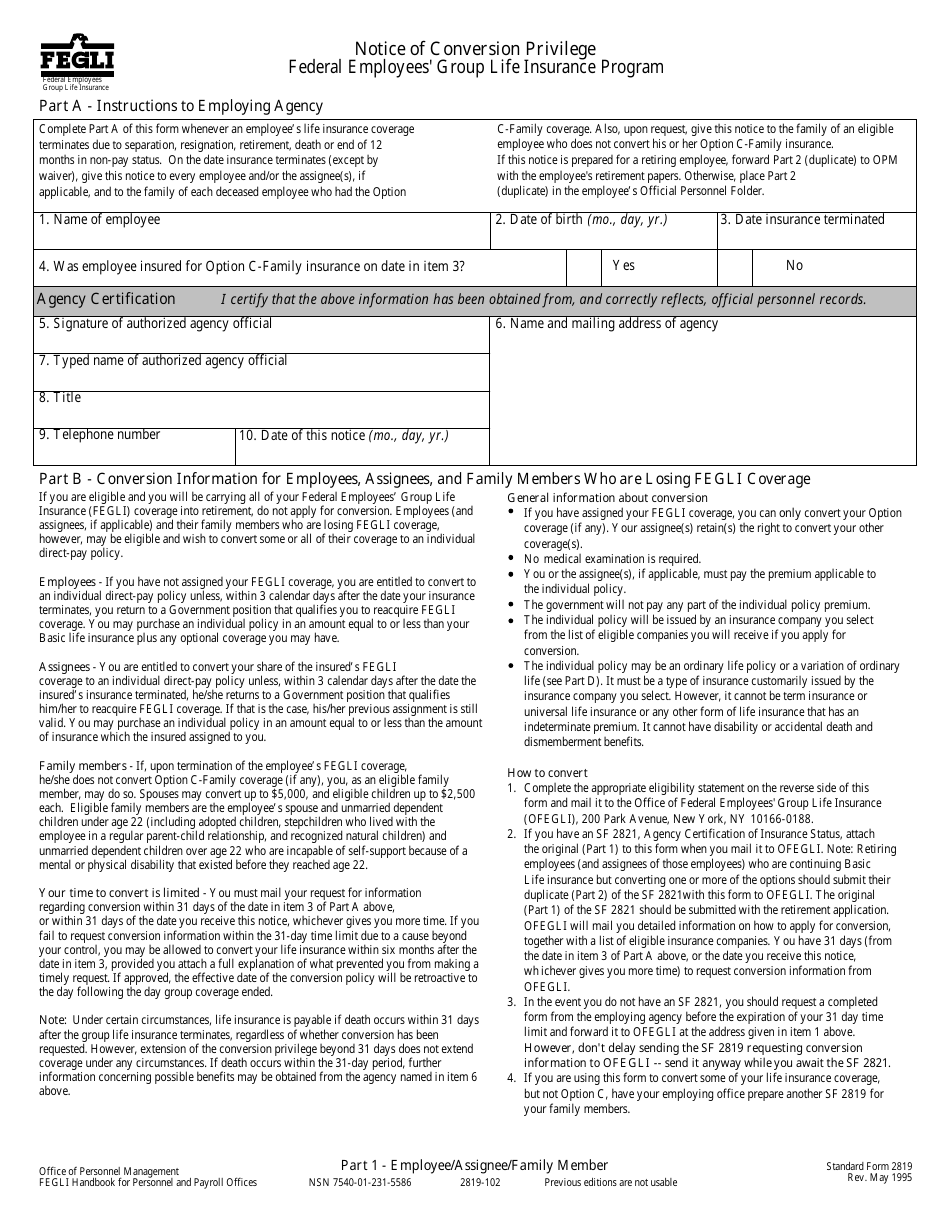 Form SF-2819 Notice Form for Conversion Privilege, Page 1