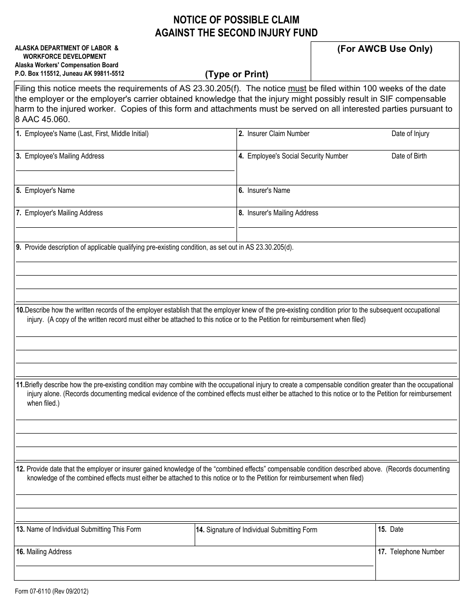 Form 07-6110 Notice of Possible Claim Against the Second Injury Fund - Alaska, Page 1