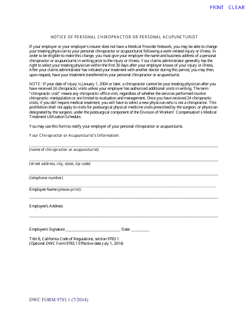DWC Form 9783.1 Notice Form for Personal Chiropractor or Personal Acupuncturist - California
