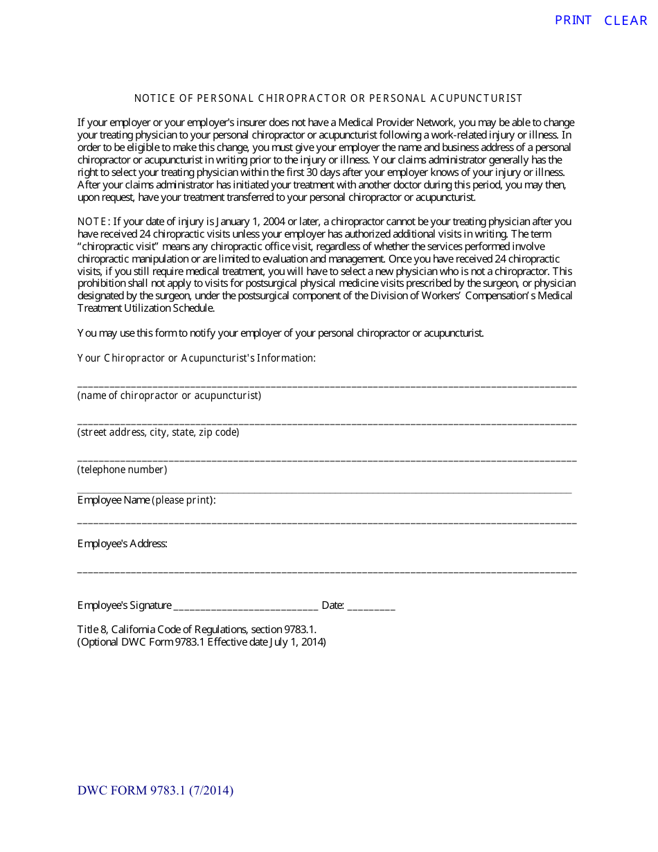 DWC Form 9783.1 Notice Form for Personal Chiropractor or Personal Acupuncturist - California, Page 1