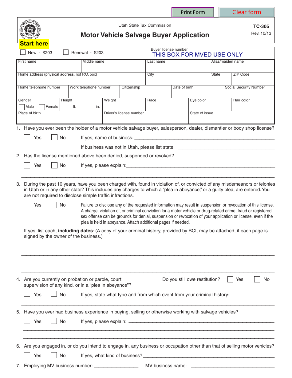 Form TC-305 Motor Vehicle Salvage Buyer Application - Utah, Page 1
