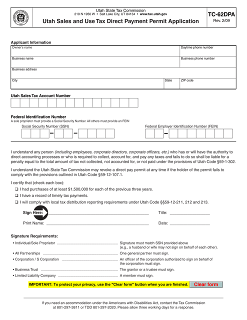 Form TC-62DPA Download Fillable PDF or Fill Online Utah Sales and Use Tax Direct Payment Permit ...