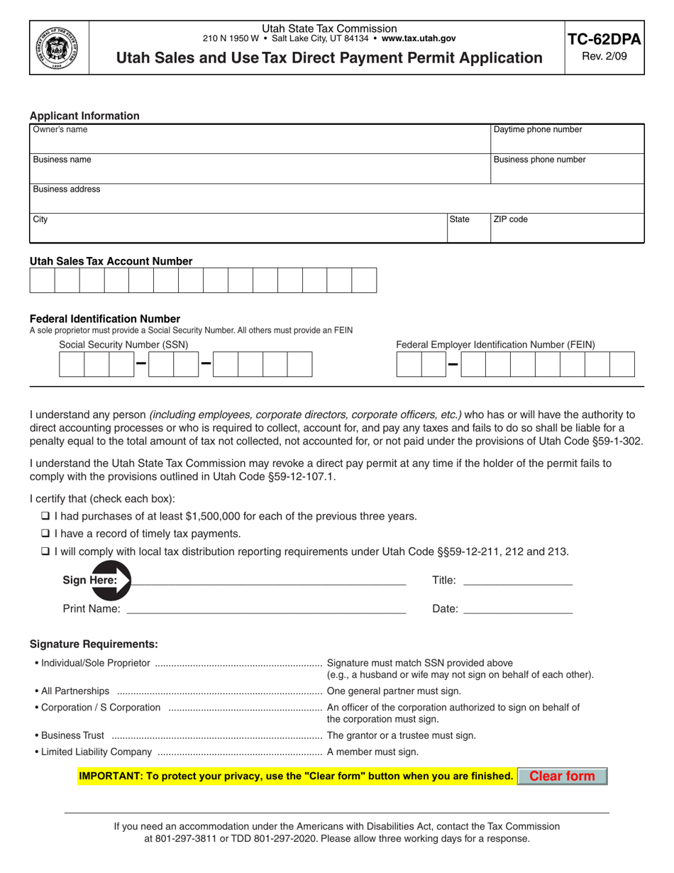 Form TC62DPA Download Fillable PDF or Fill Online Utah Sales and Use