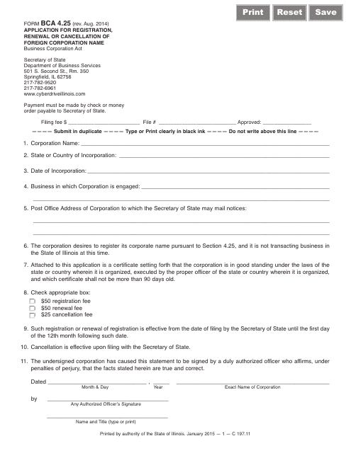 Form BCA4.25 Application Form for Registration, Renewal or Cancellation of Foreign Corporation Name - Illinois