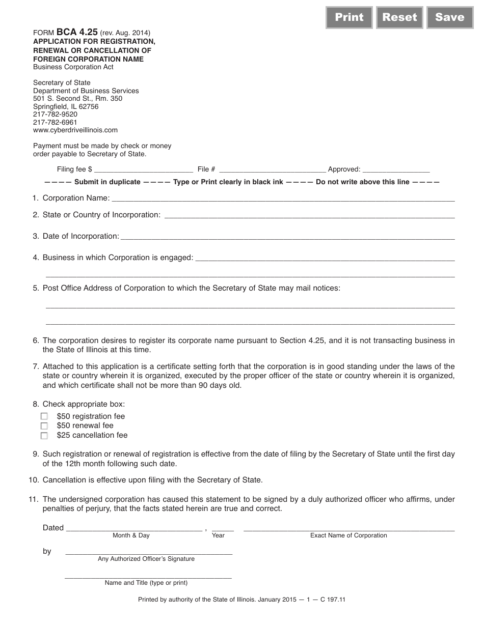 Form BCA4.25 Application Form for Registration, Renewal or Cancellation of Foreign Corporation Name - Illinois, Page 1