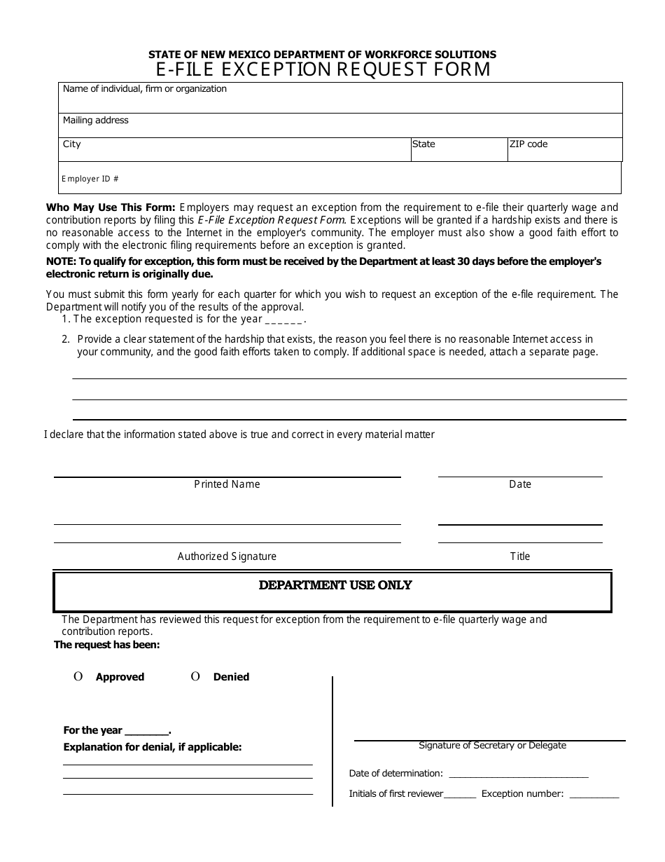 E-File Exception Request Form - New Mexico, Page 1
