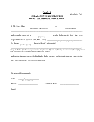 Form 3-B &quot;Declaration of Recommender for Belize Passport Application&quot; - Belize