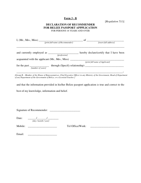 Form 3-B Declaration of Recommender for Belize Passport Application - Belize