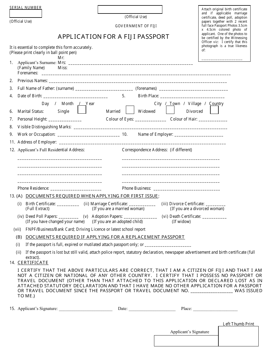Application Form for a Fiji Passport - Fiji, Page 1