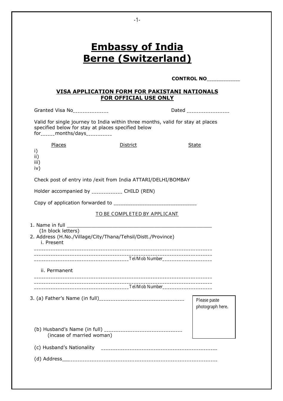 Canton Of Bern Switzerland Indian Visa Application Form For Pakistani Nationals Embassy Of