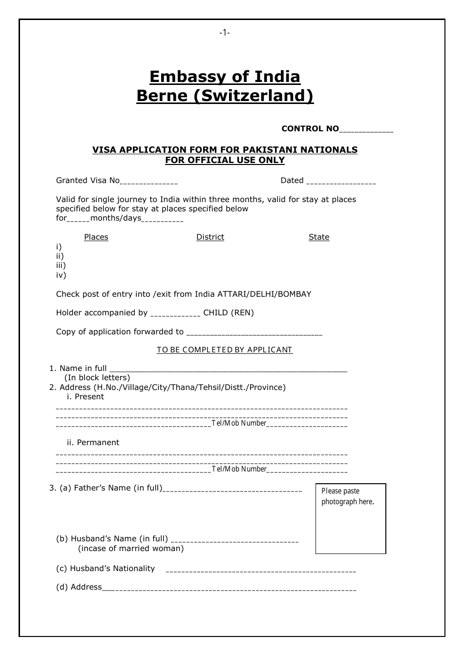 Indian Visa Application Form for Pakistani Nationals - Embassy of India - Canton of Bern, Switzerland, Page 1