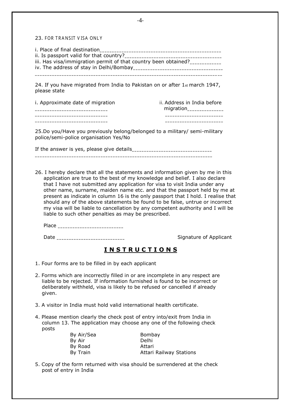 Indian Visa Application Form for Pakistani Nationals - Embassy of India - Canton of Bern, Switzerland, Page 4