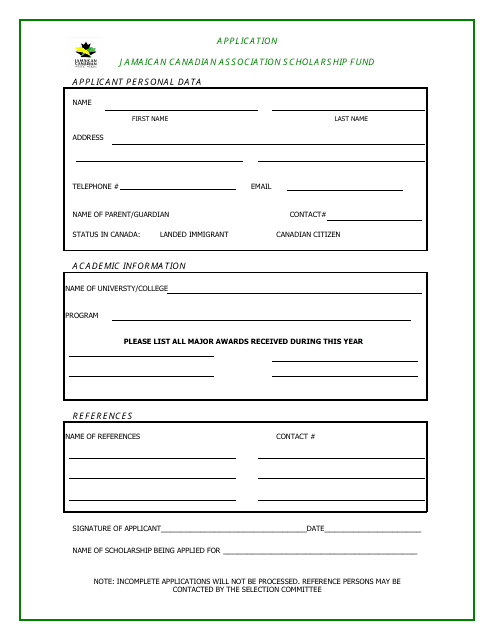 Application Form for Scholarship - Jamaican Canadian Association - Canada