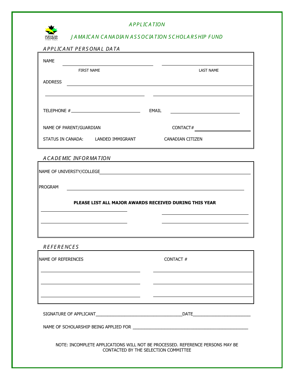 Canada Application Form for Scholarship Jamaican Canadian Association