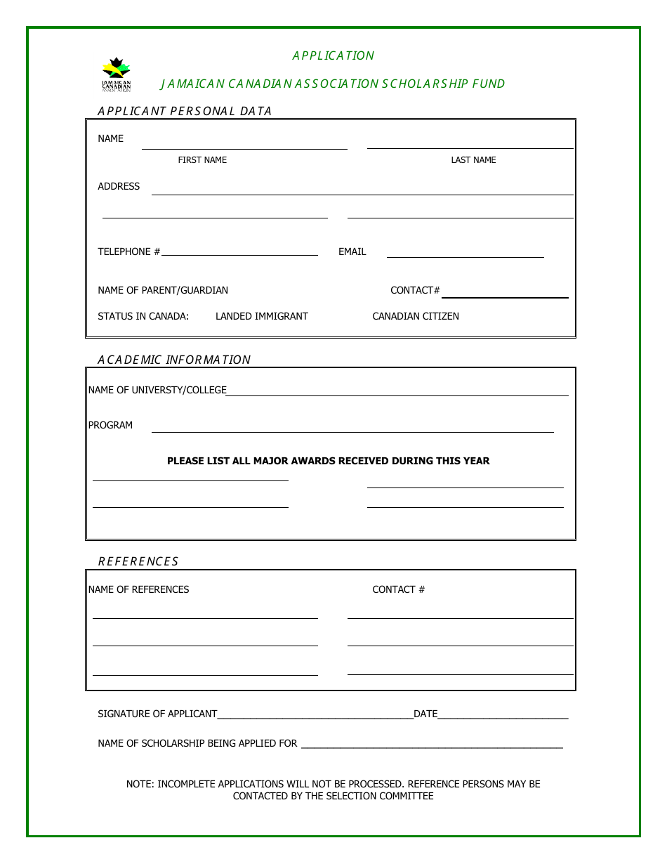 Application Form for Scholarship - Jamaican Canadian Association - Canada, Page 1