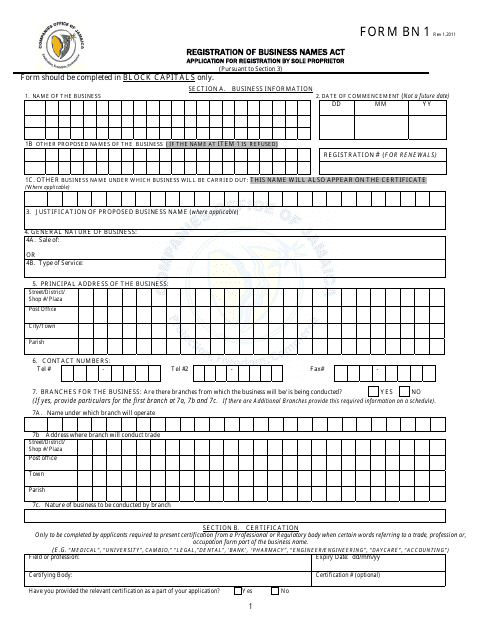 Form BN1 Registration of Business Names Act Application for Registration by Sole Proprietor - Jamaica