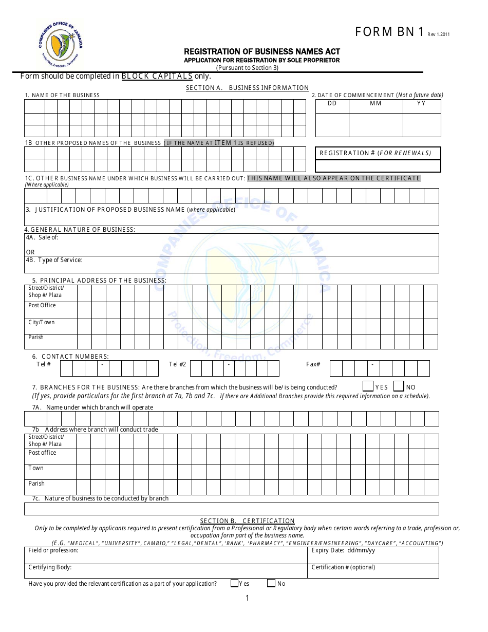 Form BN1 Registration of Business Names Act Application for Registration by Sole Proprietor - Jamaica, Page 1