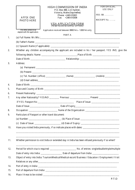 Indian Visa Application Form - High Commission of India, Victoria-Mahe, Seychelles