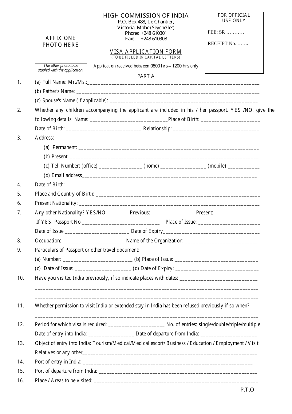 Indian Visa Application Form - High Commission of India, Victoria-Mahe, Seychelles, Page 1