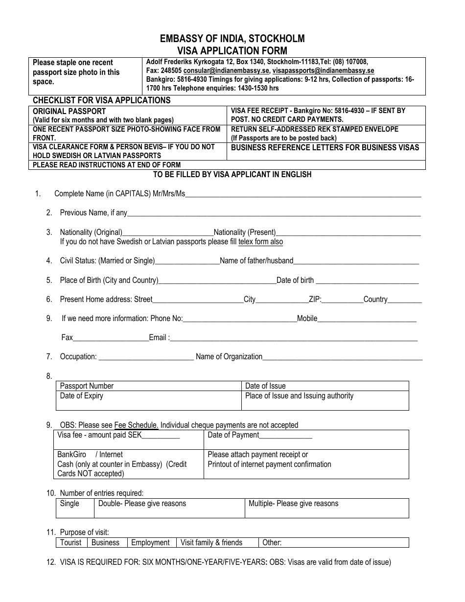Indian Visa Application Form - Embassy of India - Stockholm, Sweden, Page 1