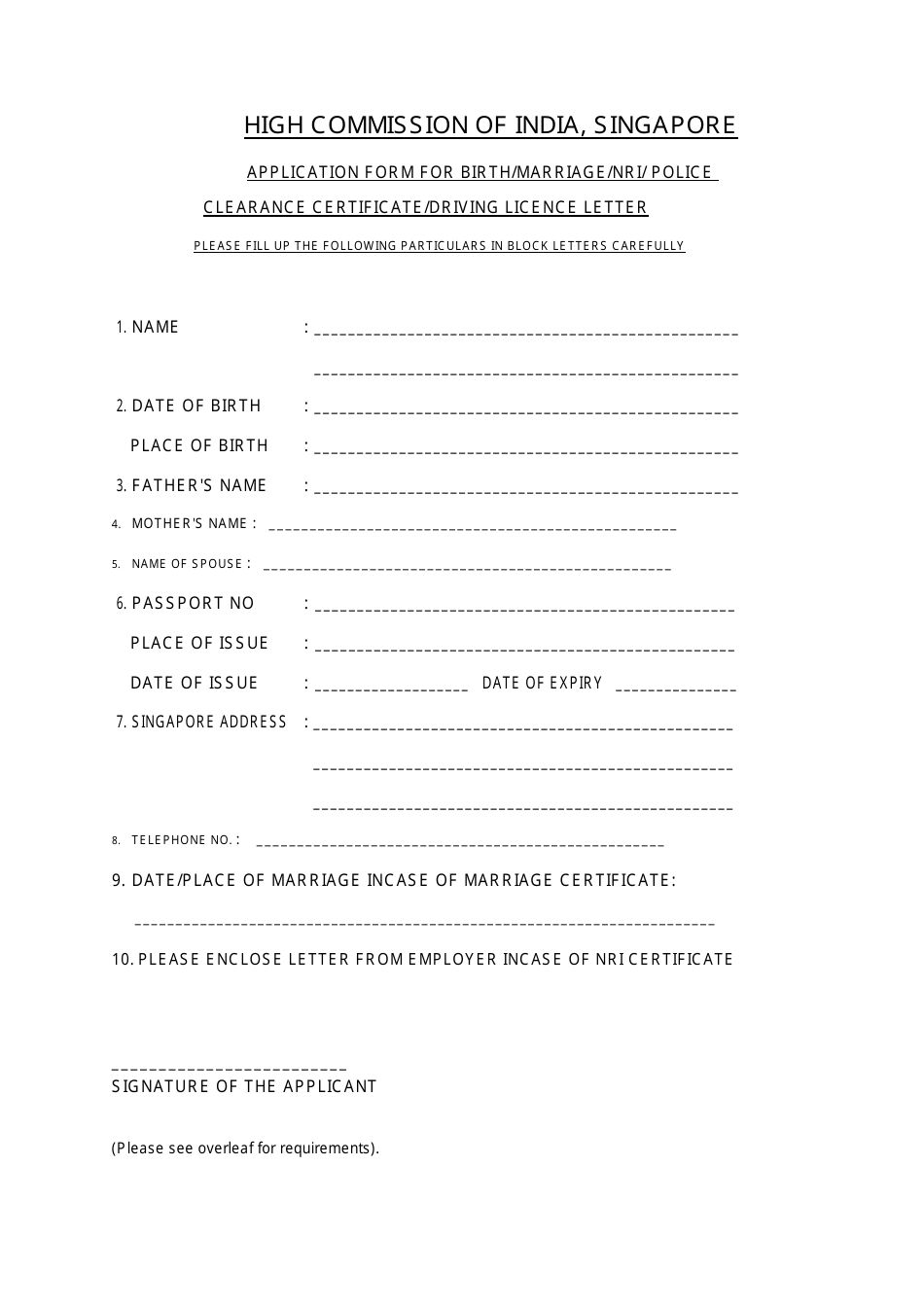 Singapore Application Form For Birth Marriage Nri Police Clearance Certificate Driving Licence Letter High Commission Of India Singapore Download Printable Pdf Templateroller