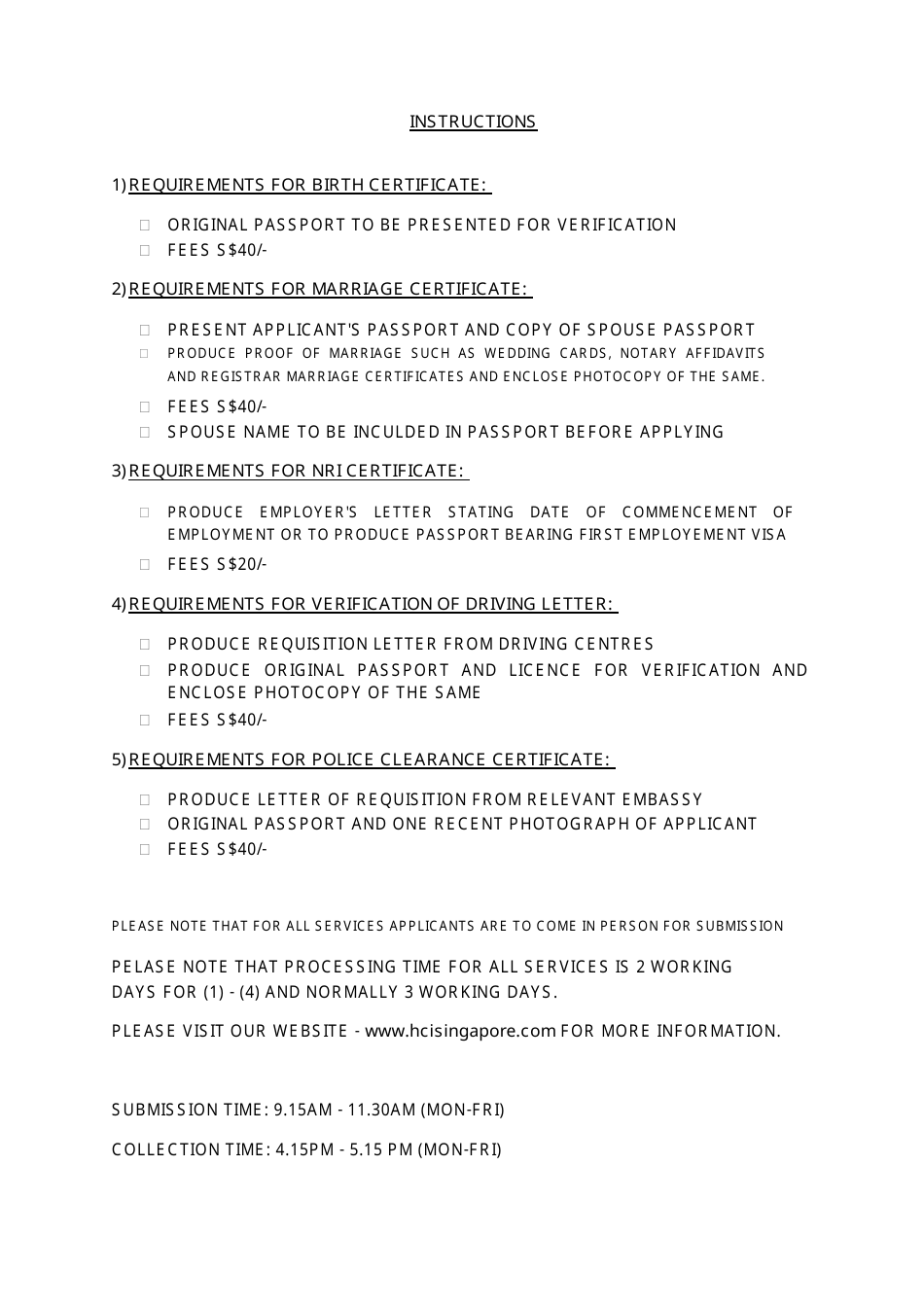 Application Form for Birth / Marriage / Nri / Police Clearance Certificate / Driving Licence Letter - High Commission of India, Singapore - Singapore, Page 2