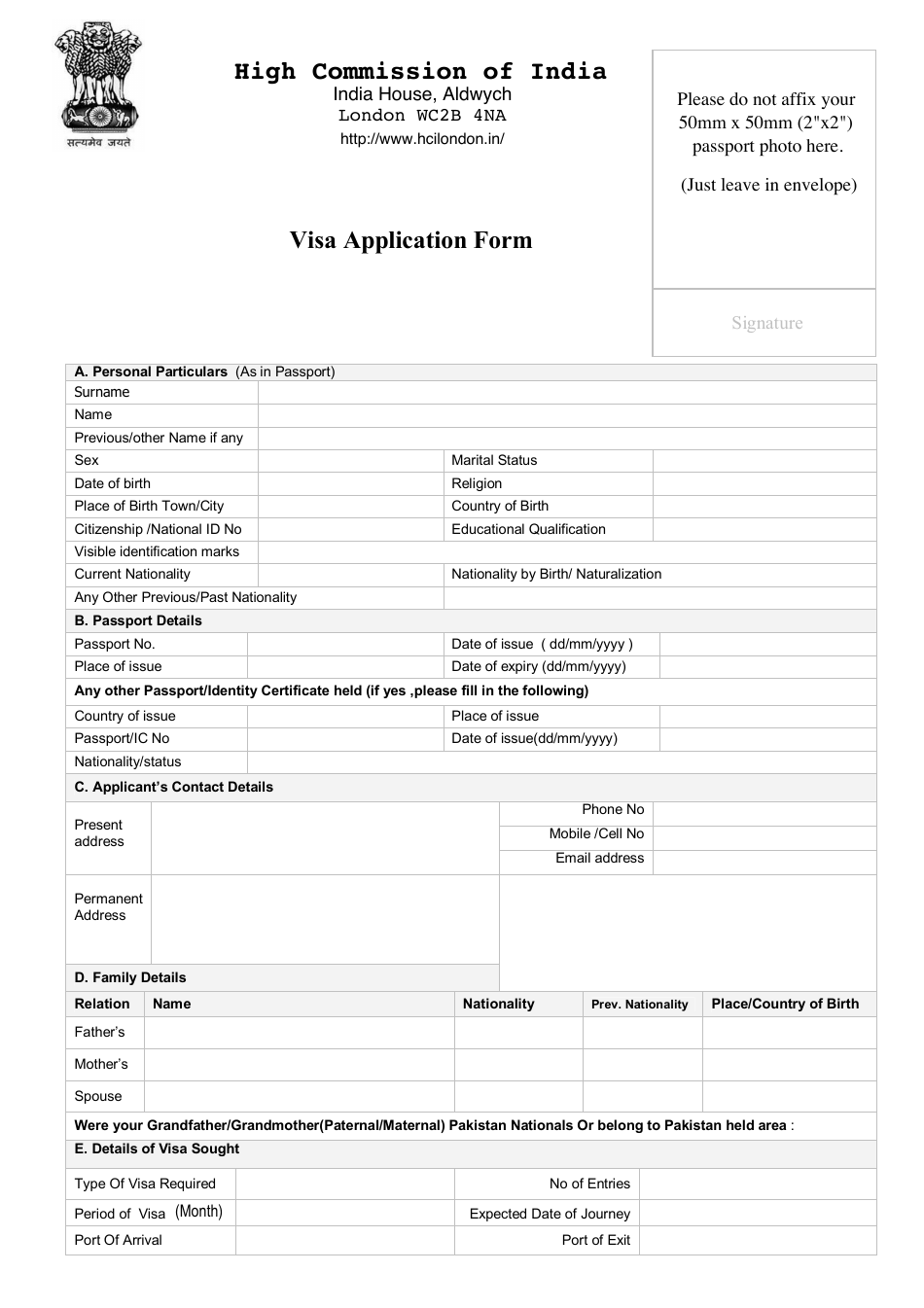 india particulars form