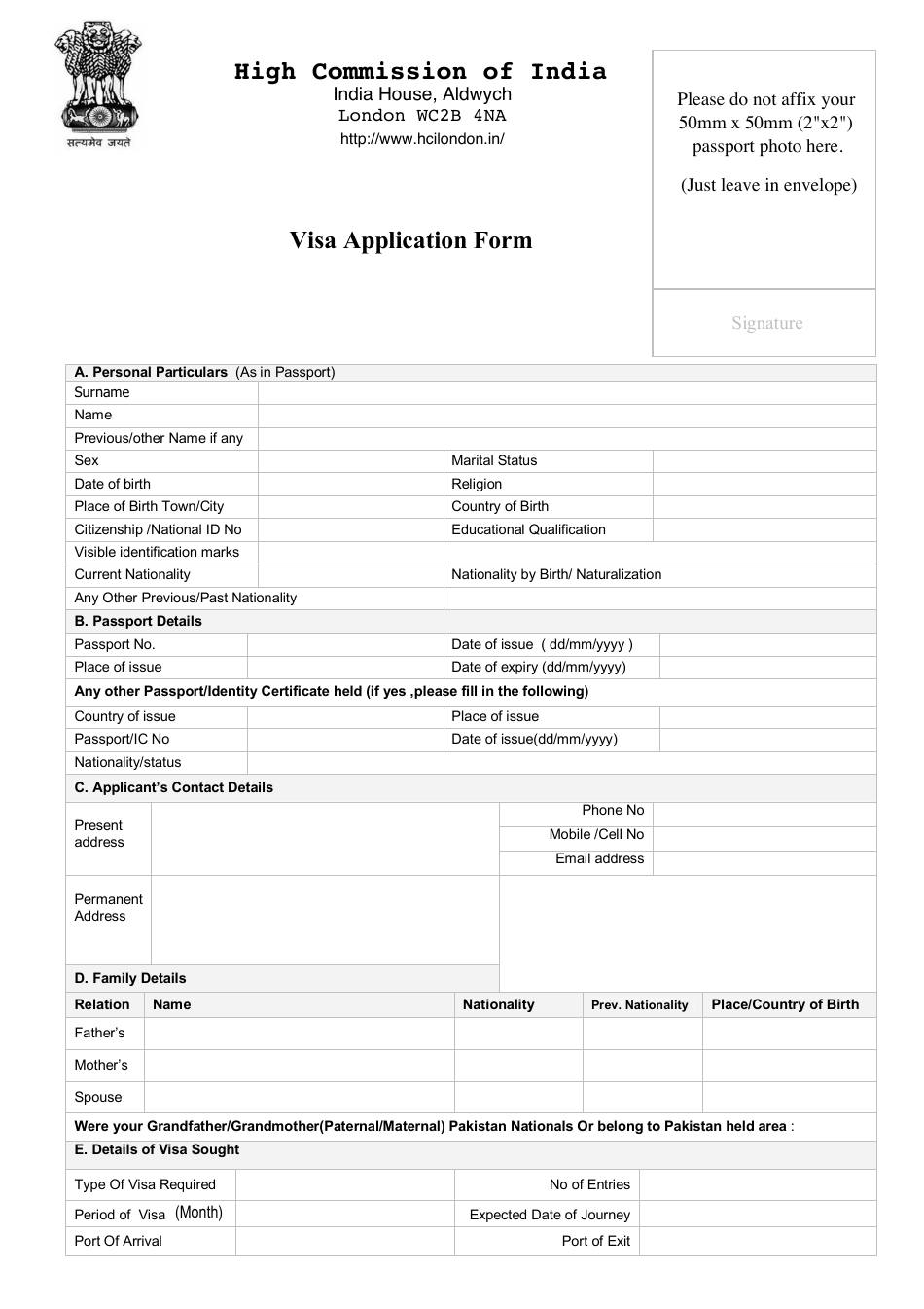 United Kingdom Indian Visa Application Form High Commission Of India London Uk Fill Out