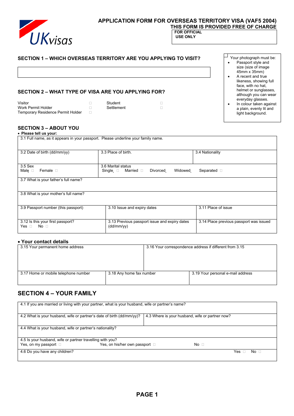 Form VAF5 Visa Application Form for Overseas Territory - Cayman Islands Visa Office, Kingston, Jamaica - United Kingdom, Page 1