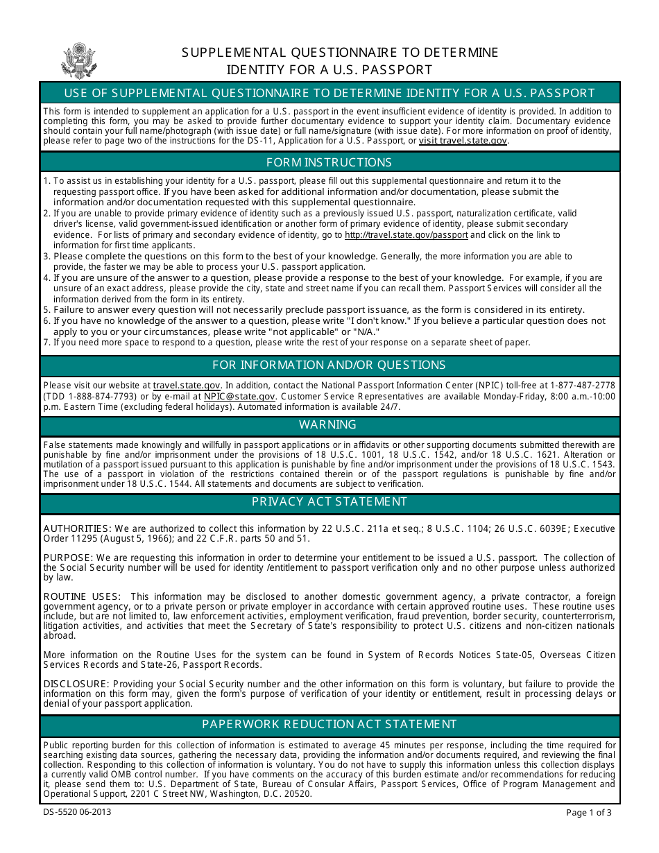 Form DS-5520 Supplemental Questionnaire to Determine Identity for a U.S. Passport, Page 1