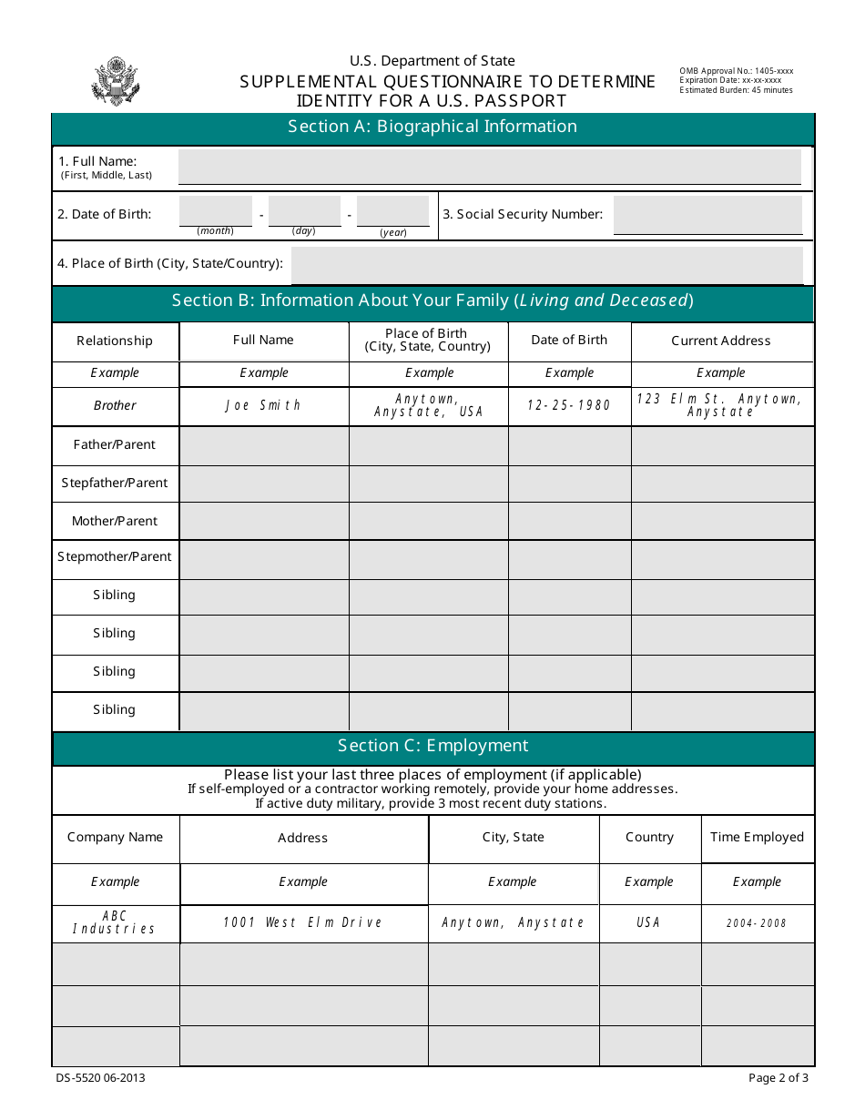 Form DS-5520 Supplemental Questionnaire to Determine Identity for a U.S. Passport, Page 2
