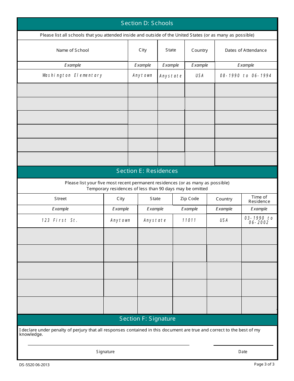 Form DS-5520 Supplemental Questionnaire to Determine Identity for a U.S. Passport, Page 3