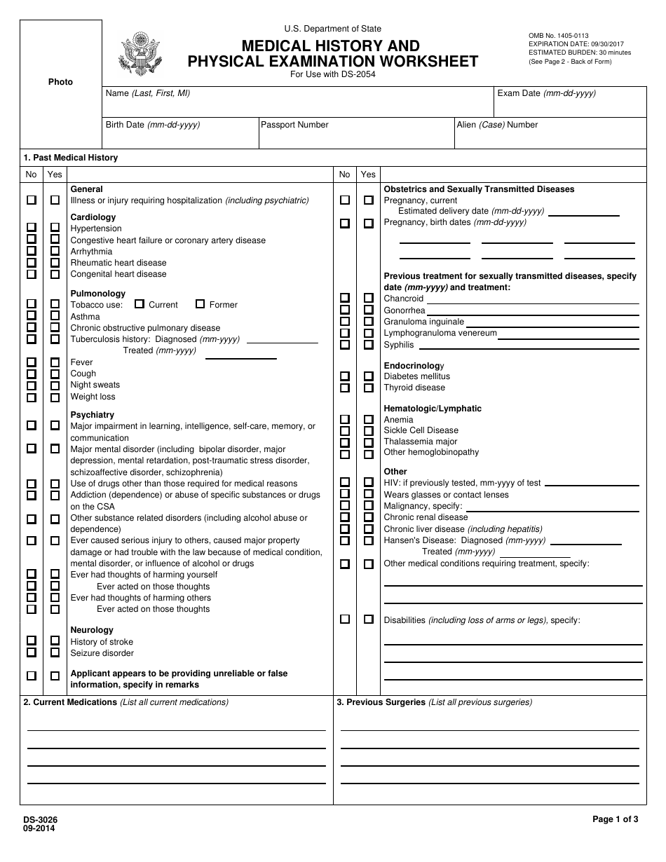 Form DS-3026 Medical History and Physical Examination Worksheet, Page 1