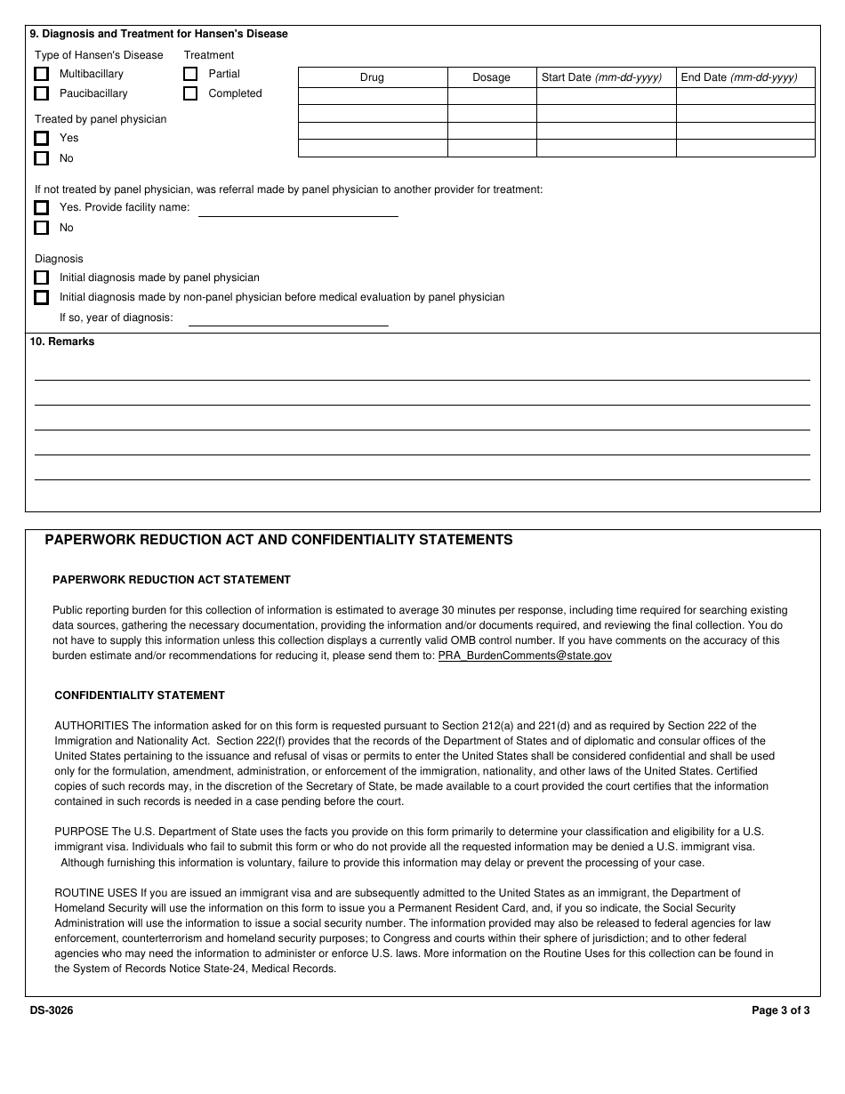 Form DS-3026 Medical History and Physical Examination Worksheet, Page 3
