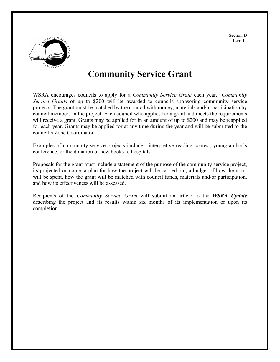 Community Service Grant Proposal Template - Wisconsin State Reading Association - Wisconsin, Page 1