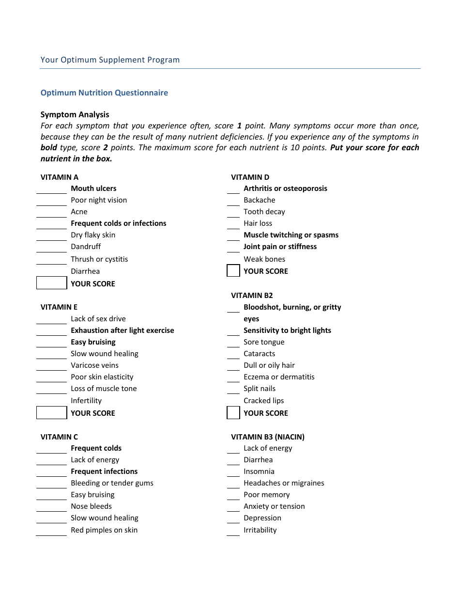 Optimum Nutrition Questionnaire Template Preview