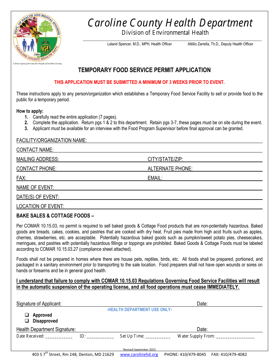 Temporary Food Service Permit Application Form - Caroline county, Maryland, Page 1