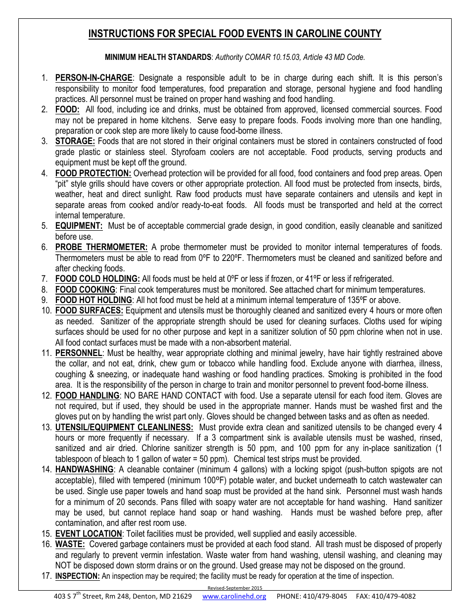 Temporary Food Service Permit Application Form - Caroline county, Maryland, Page 3