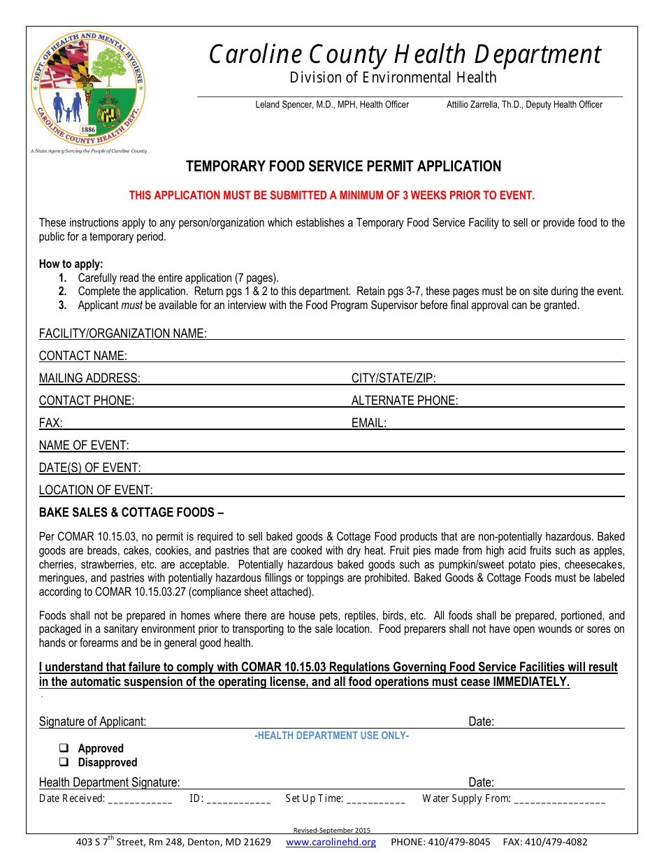 Caroline county, Maryland Temporary Food Service Permit Application