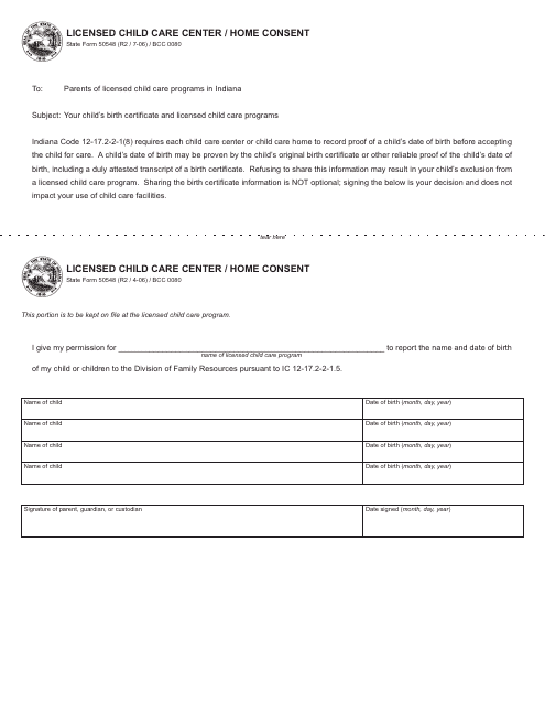 Form 50548 Licensed Child Care Center/Home Consent Form - Indiana