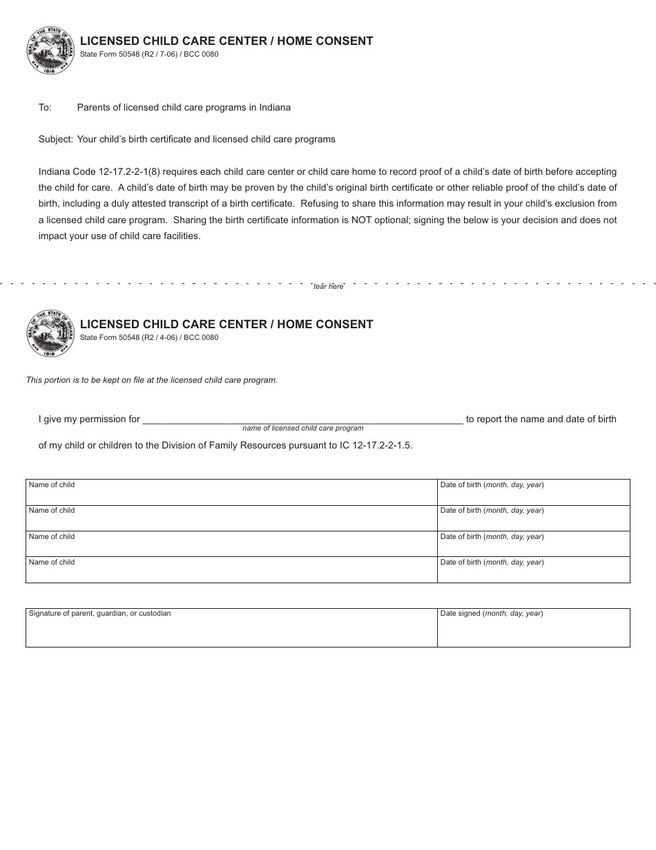 Form 50548 Licensed Child Care Center / Home Consent Form - Indiana, Page 1