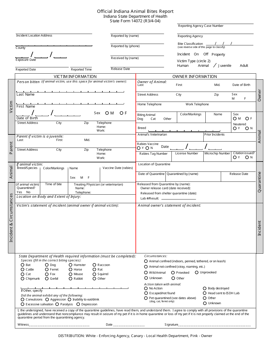 Form 14072 Official Indiana Animal Bites Report - Indiana, Page 1