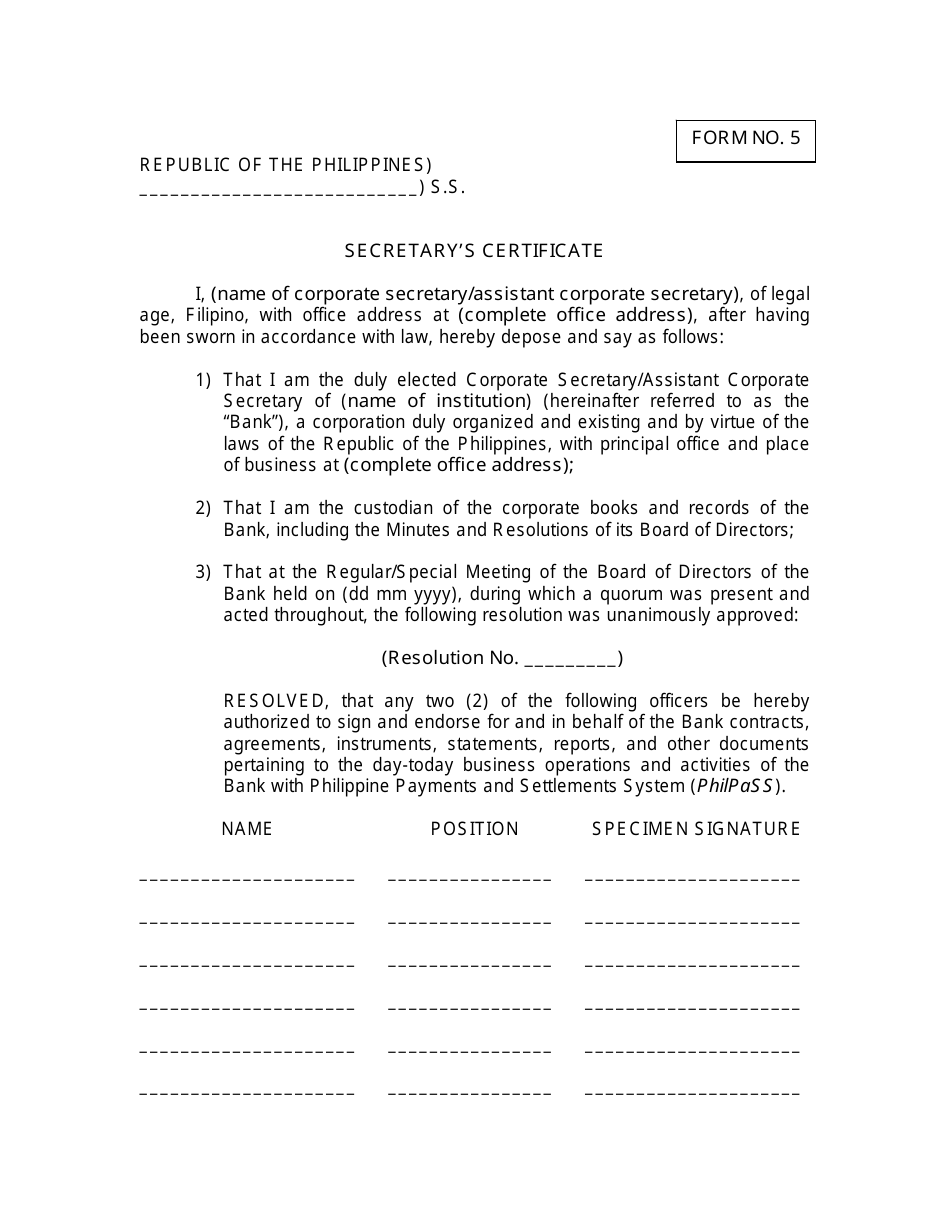 Secretarys Certificate Form - Philippines, Page 1