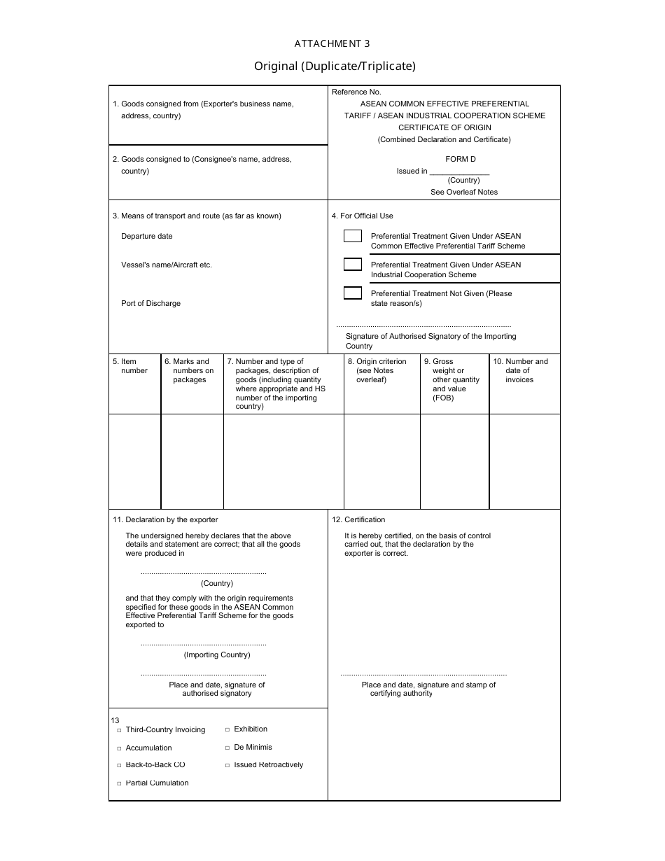 Certificate of Origin - Asean Common Effective Preferential Tariff / Asean Industrial Cooperation Scheme, Page 1