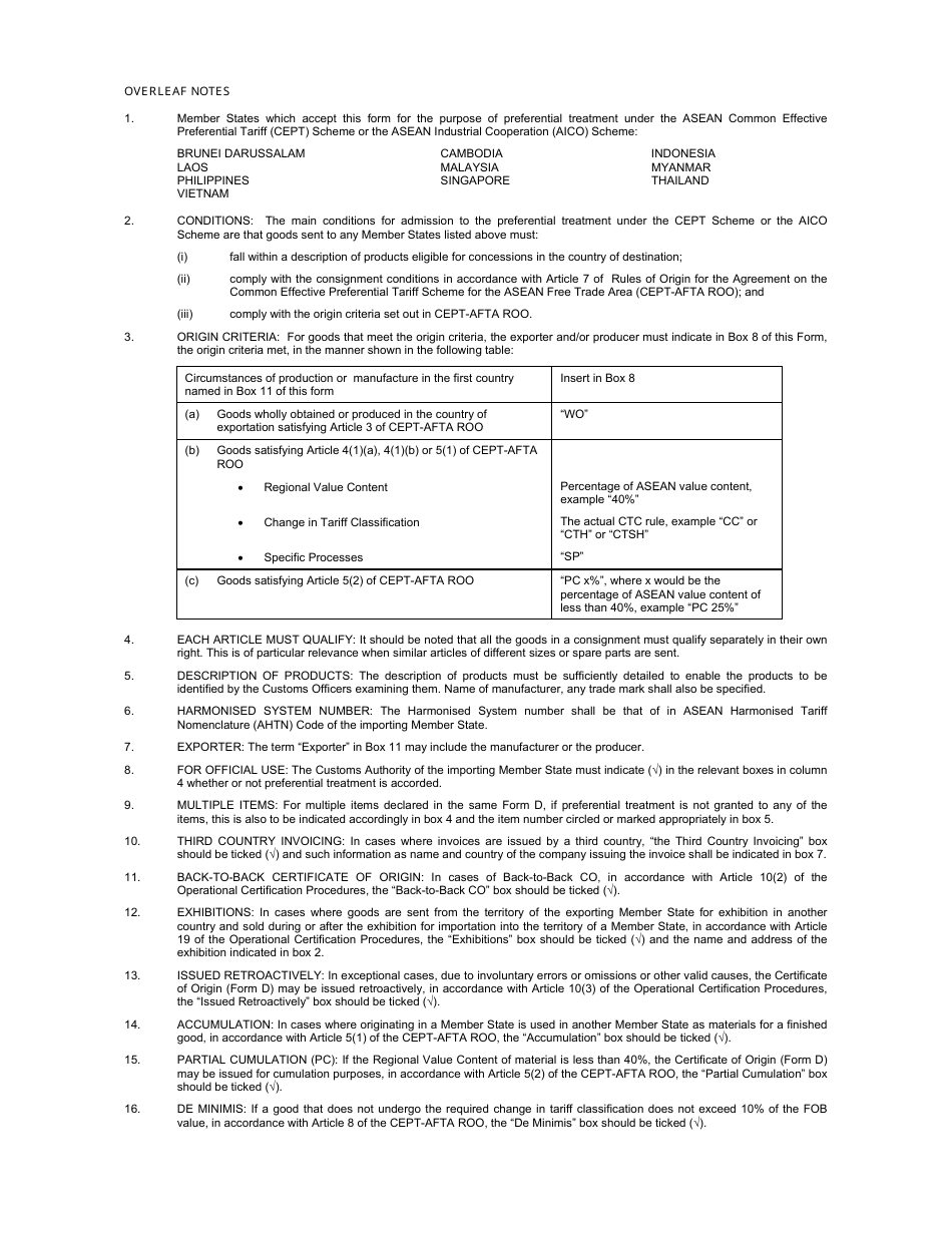 Certificate of Origin - Asean Common Effective Preferential Tariff / Asean Industrial Cooperation Scheme, Page 2