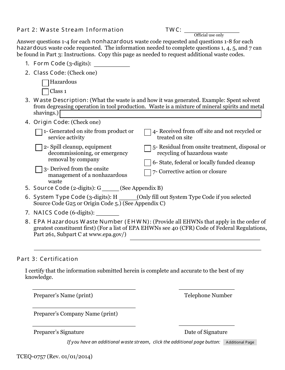 Form TCEQ-0757 One-Time Shipment Request for Texas Waste Code (Ots) (For Shipments of Hazardous and / or Class 1 Waste From a Nonregistered or Inactive Generator) - Texas, Page 3